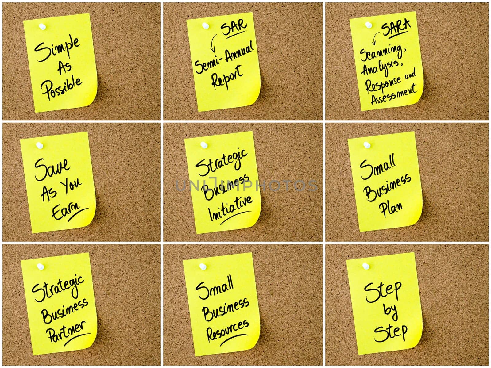 Collage of Business Acronyms written on yellow paper note pinned on cork board with white thumbtack, copy space available