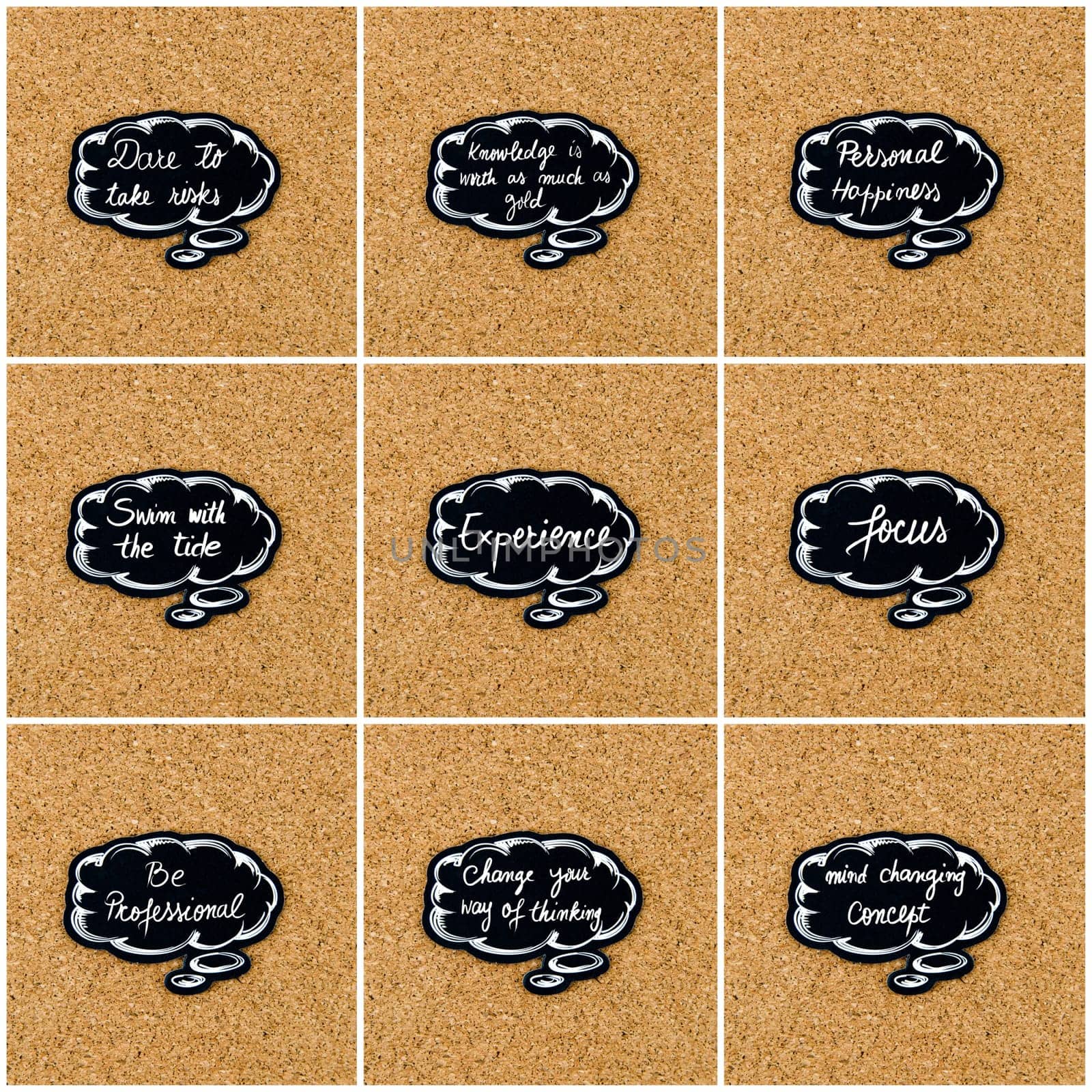 Photo collage of various words written on black thinking bubble over cork board background, copy space available