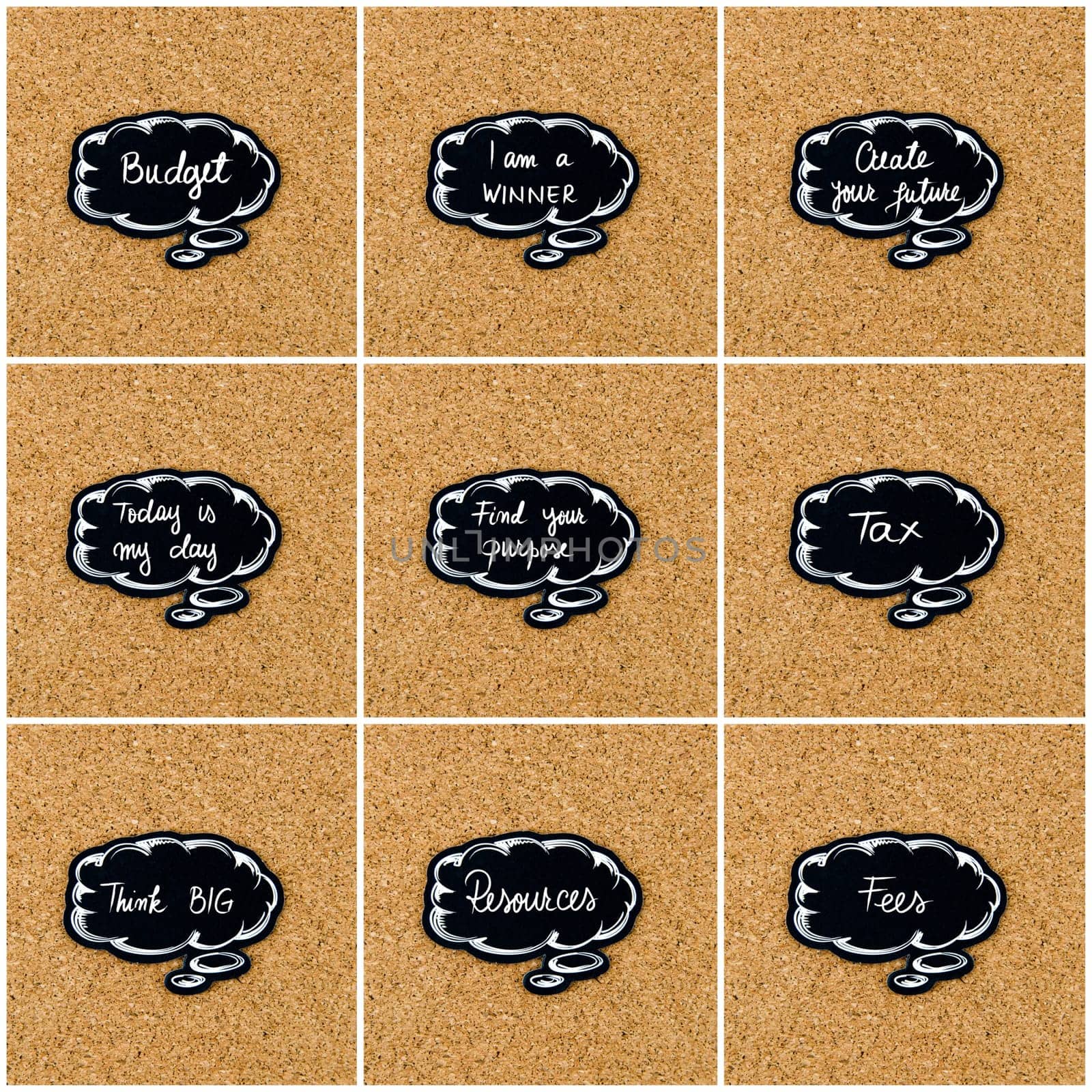 Photo collage of various words written on black thinking bubble over cork board background, copy space available