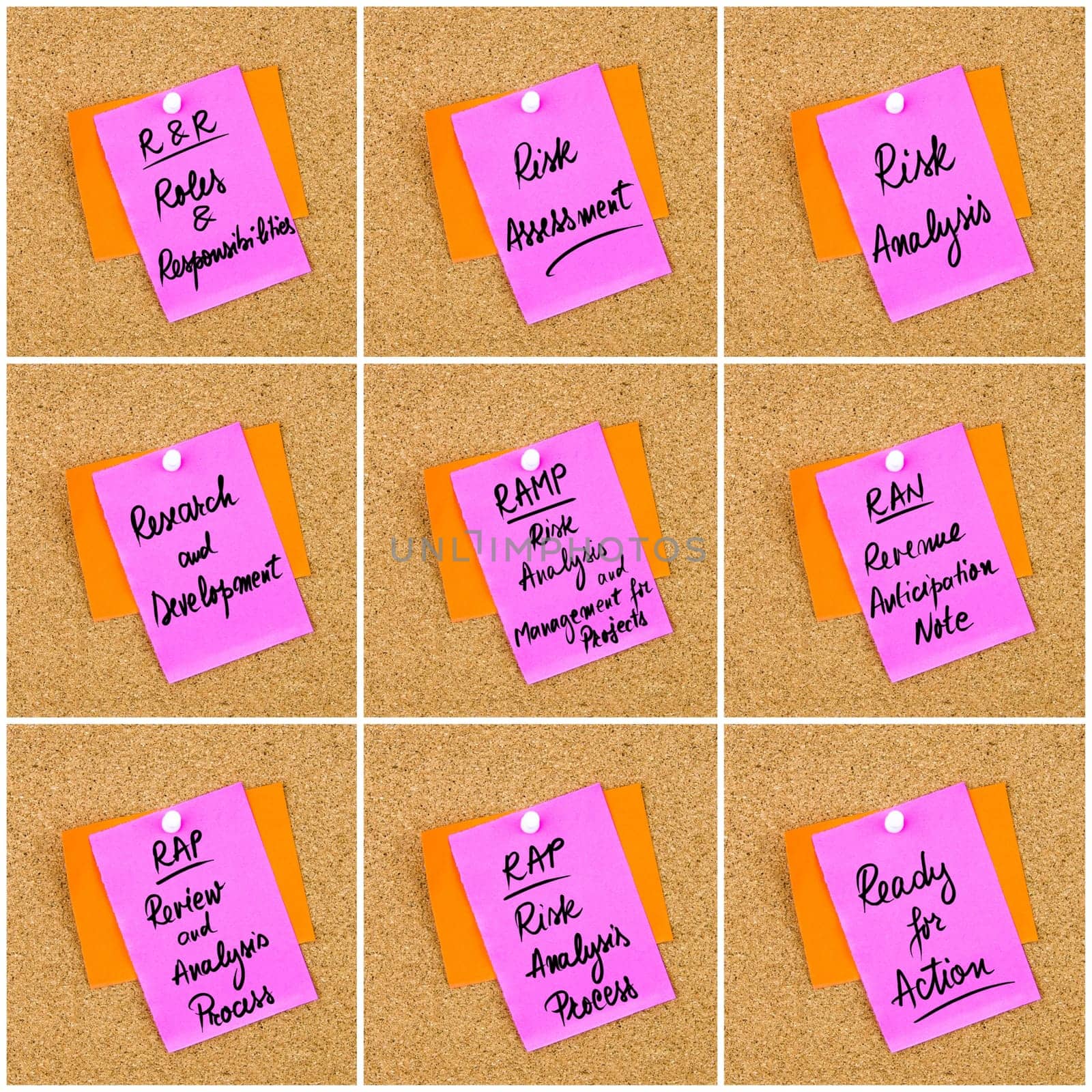 Collage of Business Acronyms written on paper note pinned on cork board with white thumbtack, copy space available
