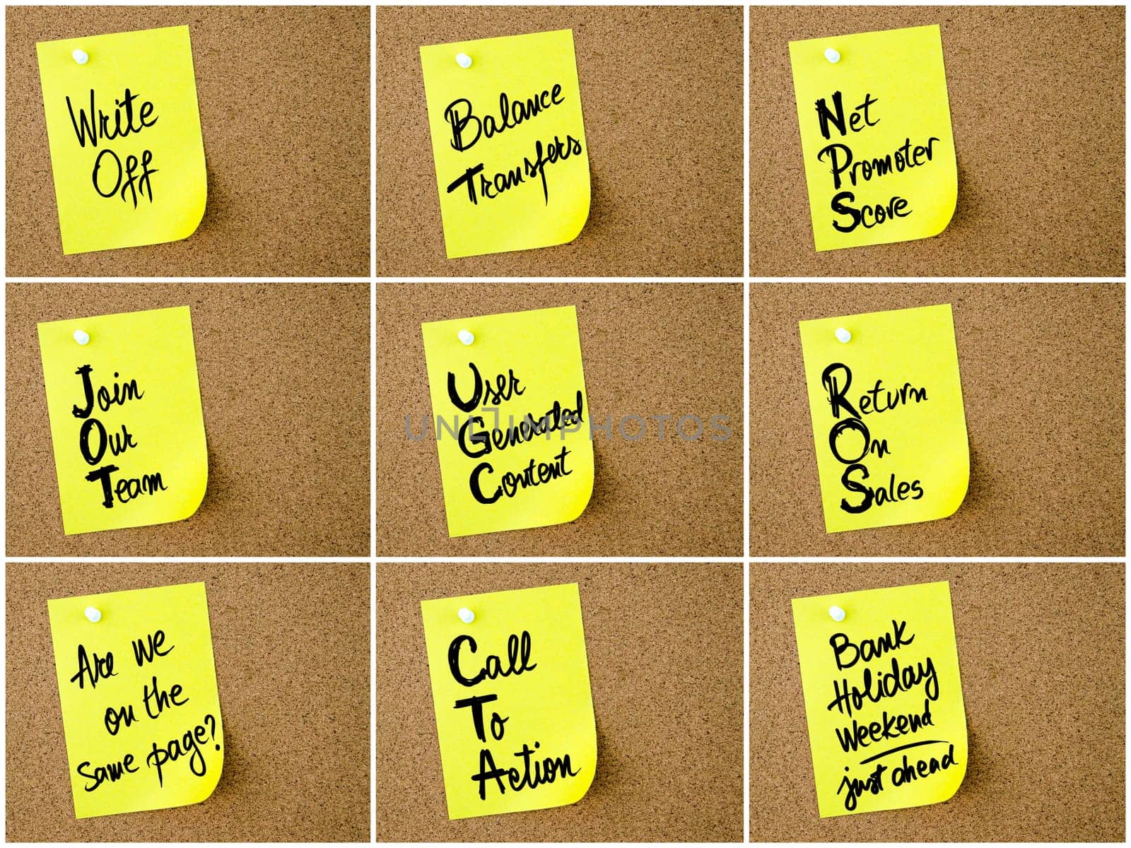 Collage of Business Acronyms written on yellow paper note pinned on cork board with white thumbtack, copy space available