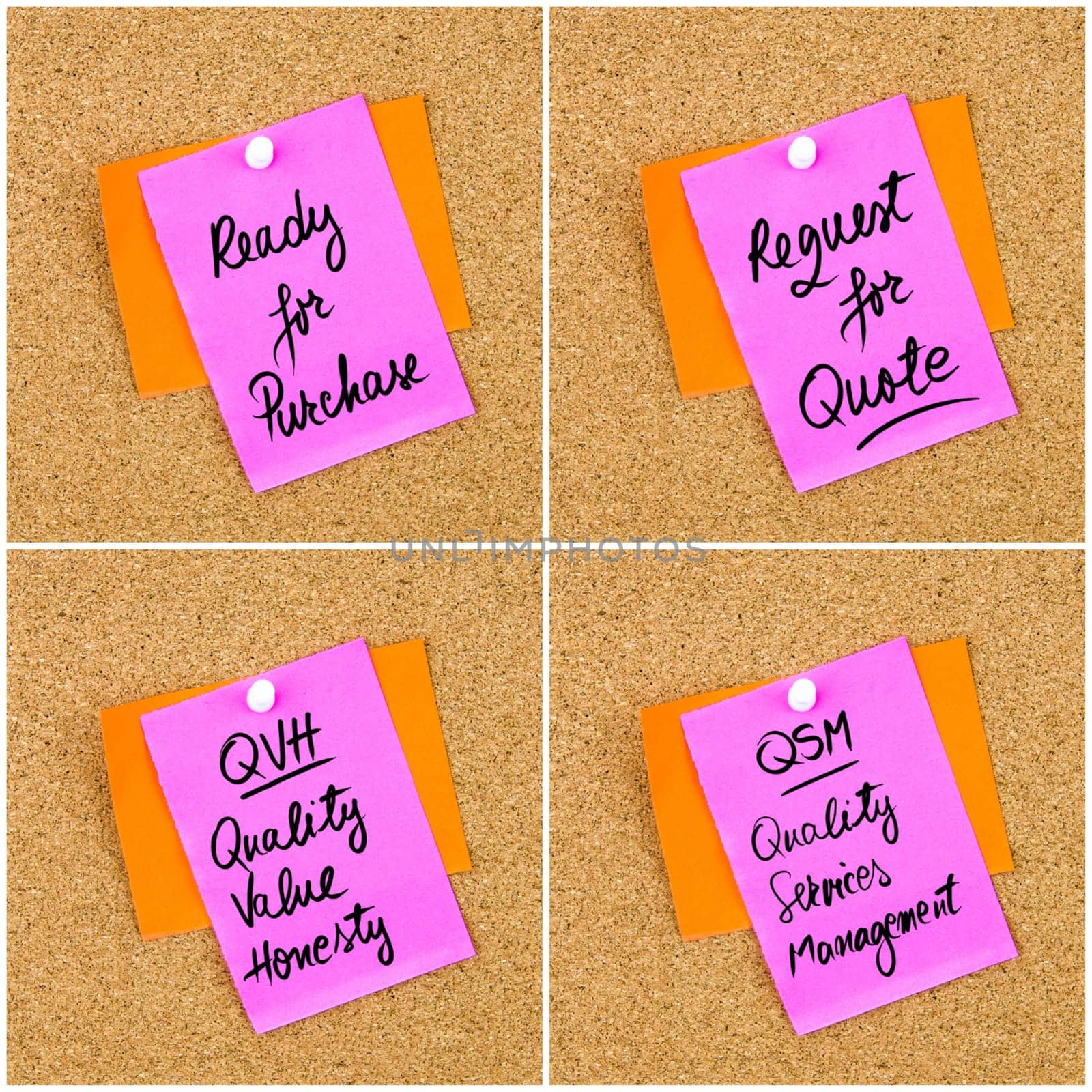 Collage of Business Acronyms written on paper note pinned on cork board with white thumbtack, copy space available
