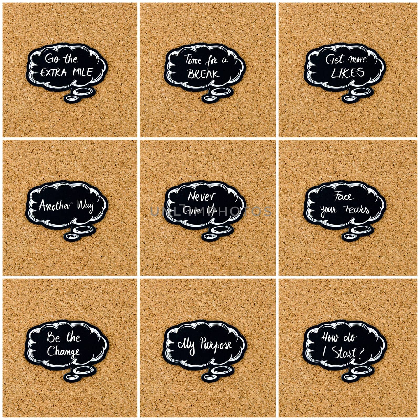 Photo collage of various words written on black thinking bubble over cork board background, copy space available