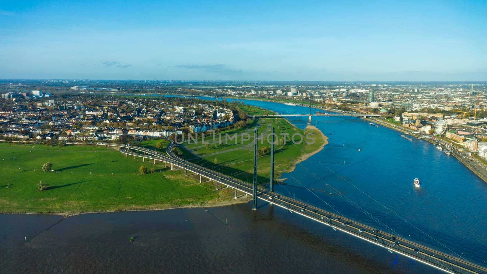 View of Rhein river from Rheinturm tower Dusseldorf Germany Europe