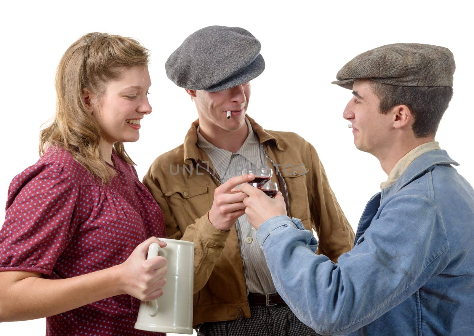 three young people in costumes 40's drink a wine isolated on white background