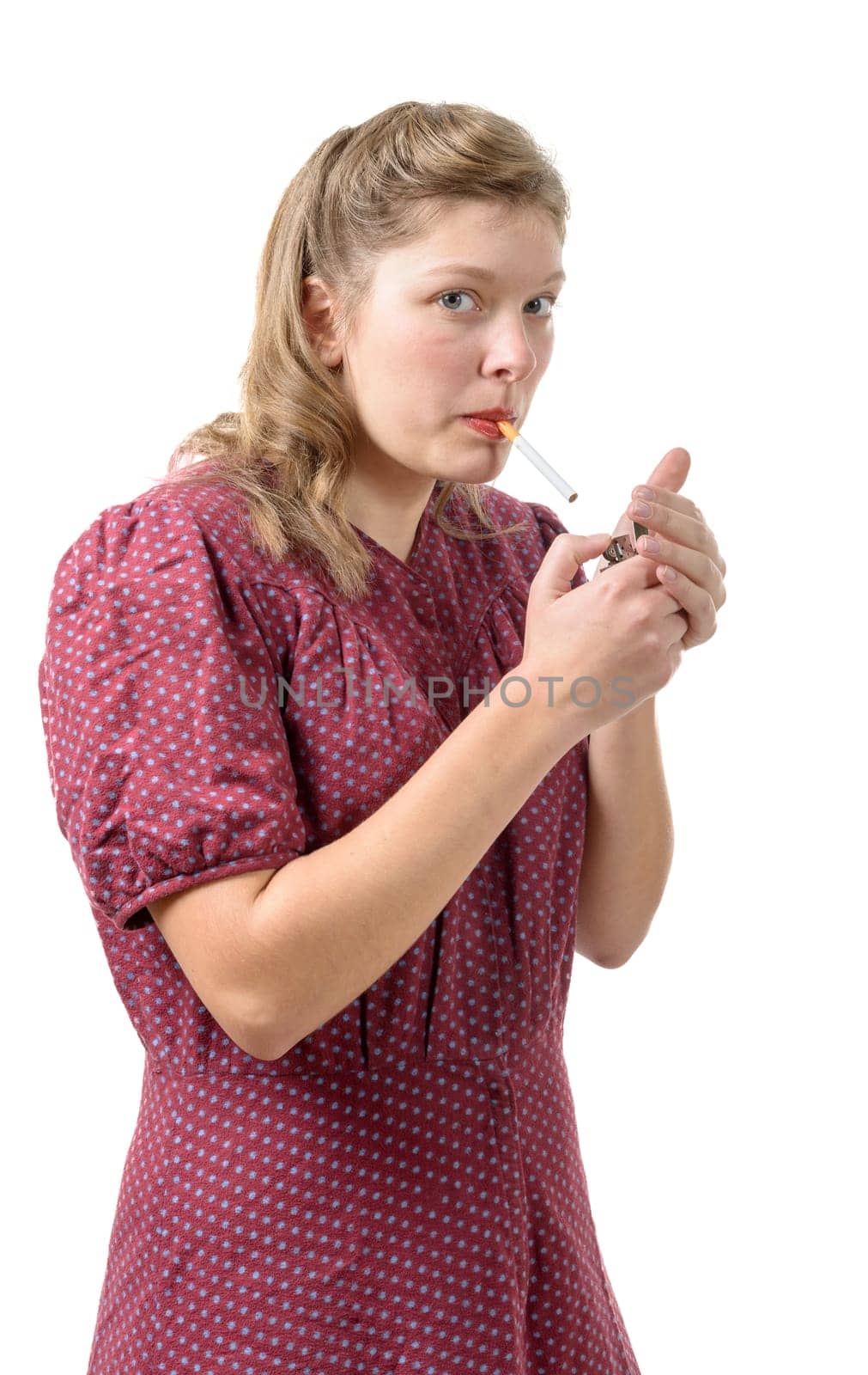 pretty young woman with clothes 1940 smoke a cigarette