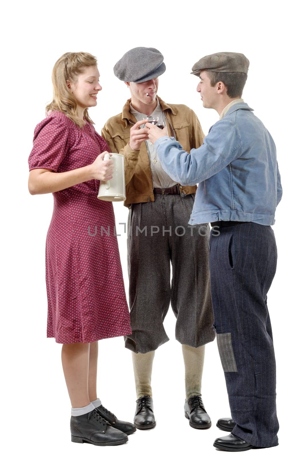 three young people in costumes 40's drink a wine isolated on white background