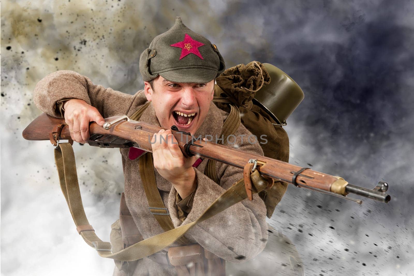 young Soviet soldier ww2 with rifle, attack