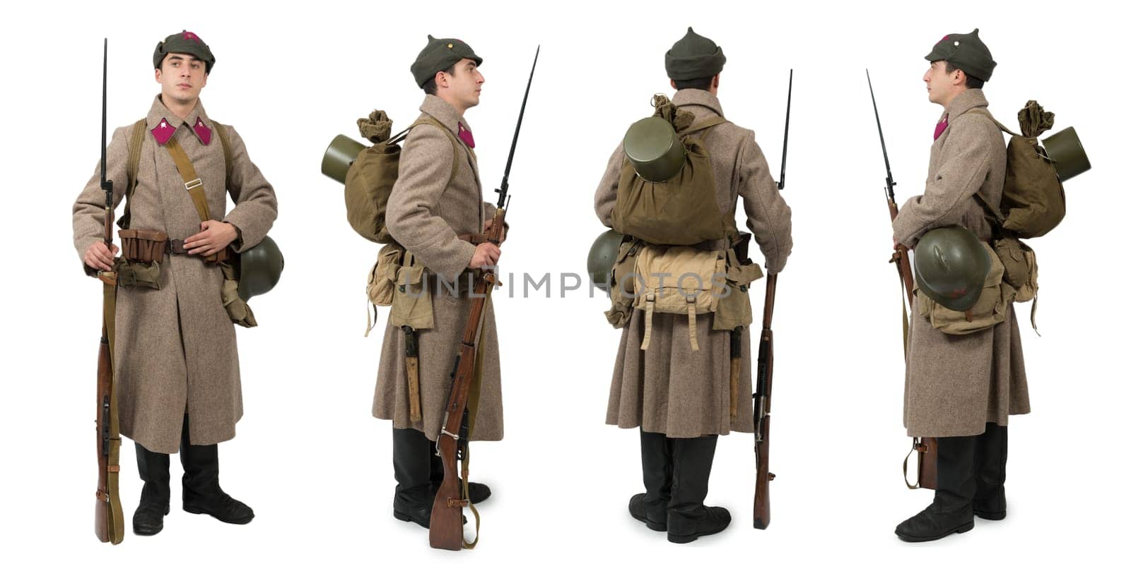 young Soviet soldier with winter uniform , front, profile, back isolated on white background