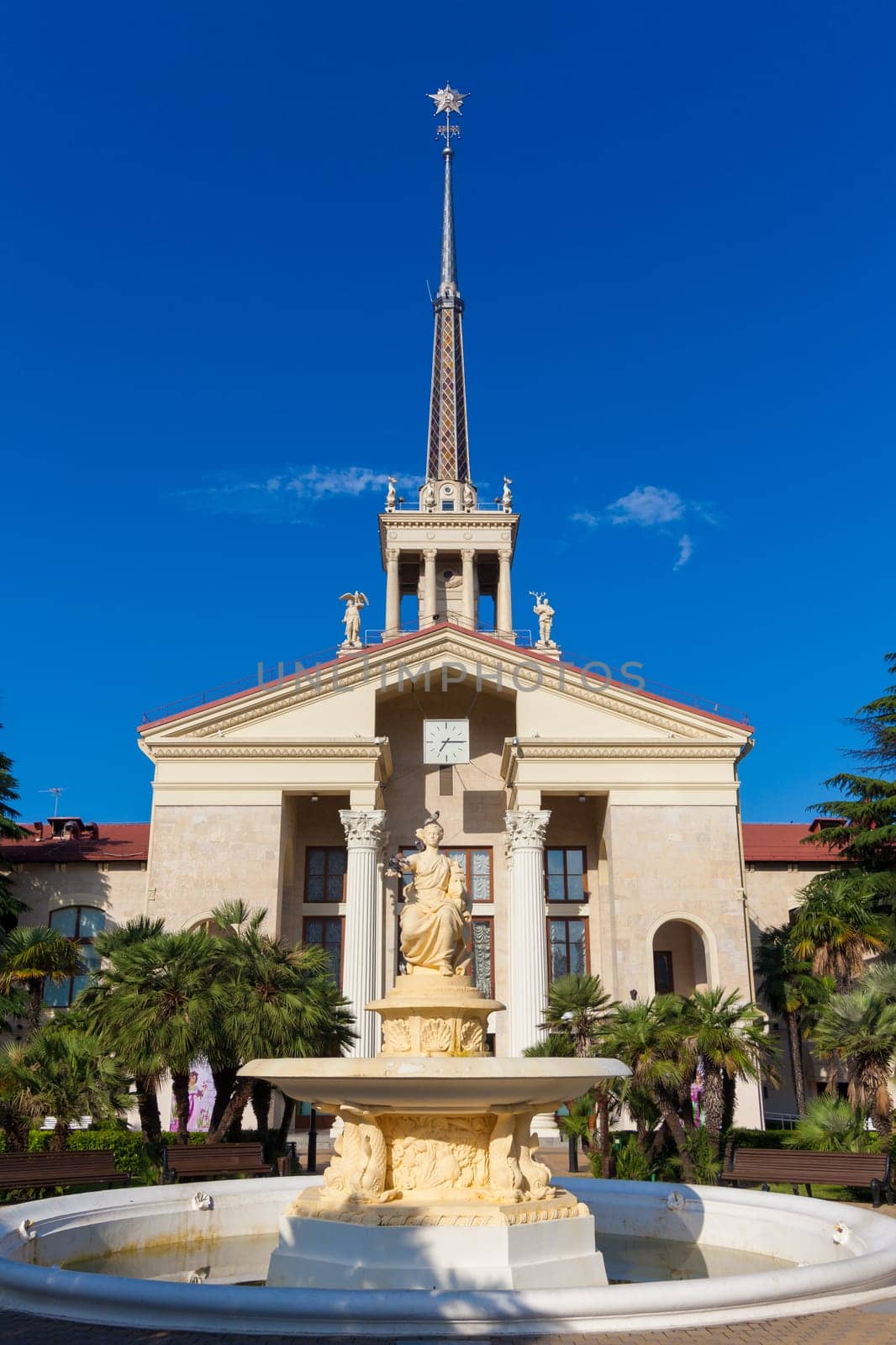 Seaport Building. Sculpture Goddess of the navigation close to Sochi sea port