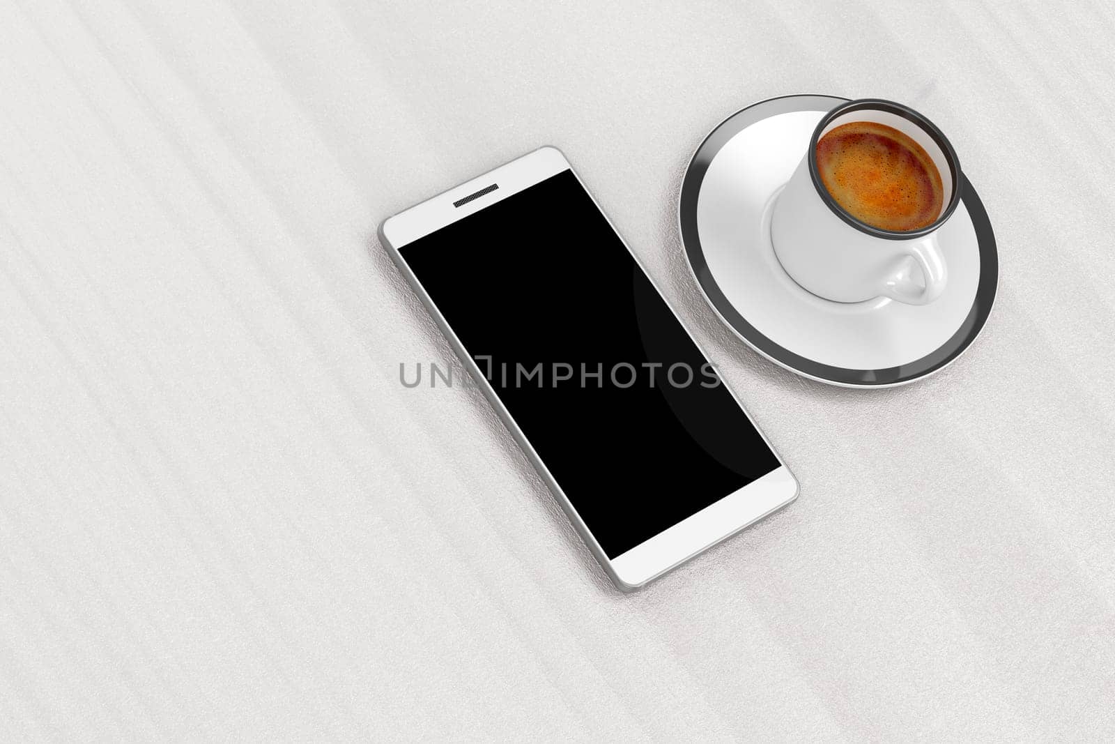 Smartphone and coffee cup on table, top view
