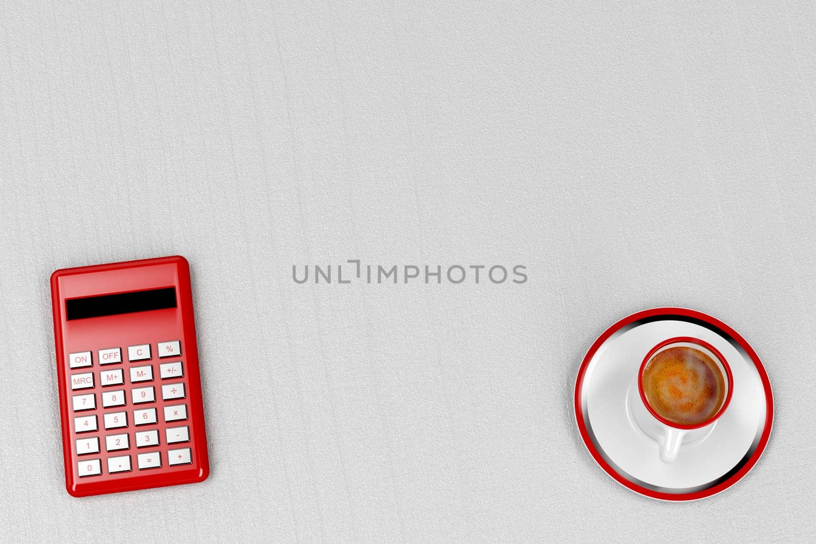 Top view of hot espresso coffee and red calculator on wooden table
