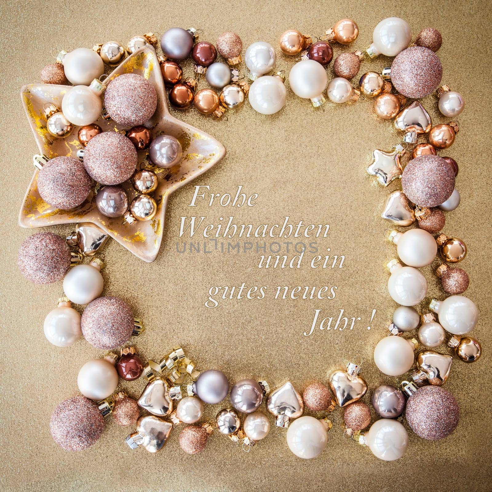 Scattered Christmas decorations with a golden background