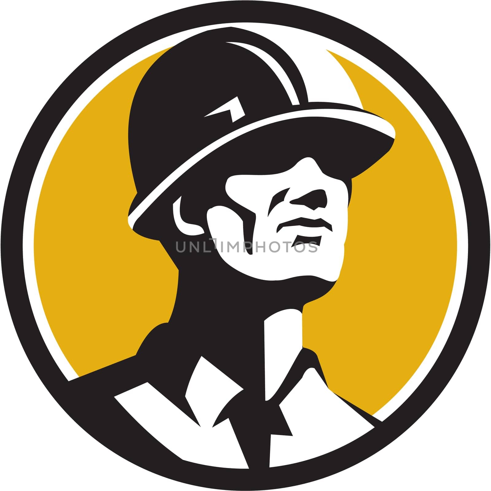 Illustration of a builder construction worker wearing hardhat looking forward set inside circle on isolated background done in retro style.