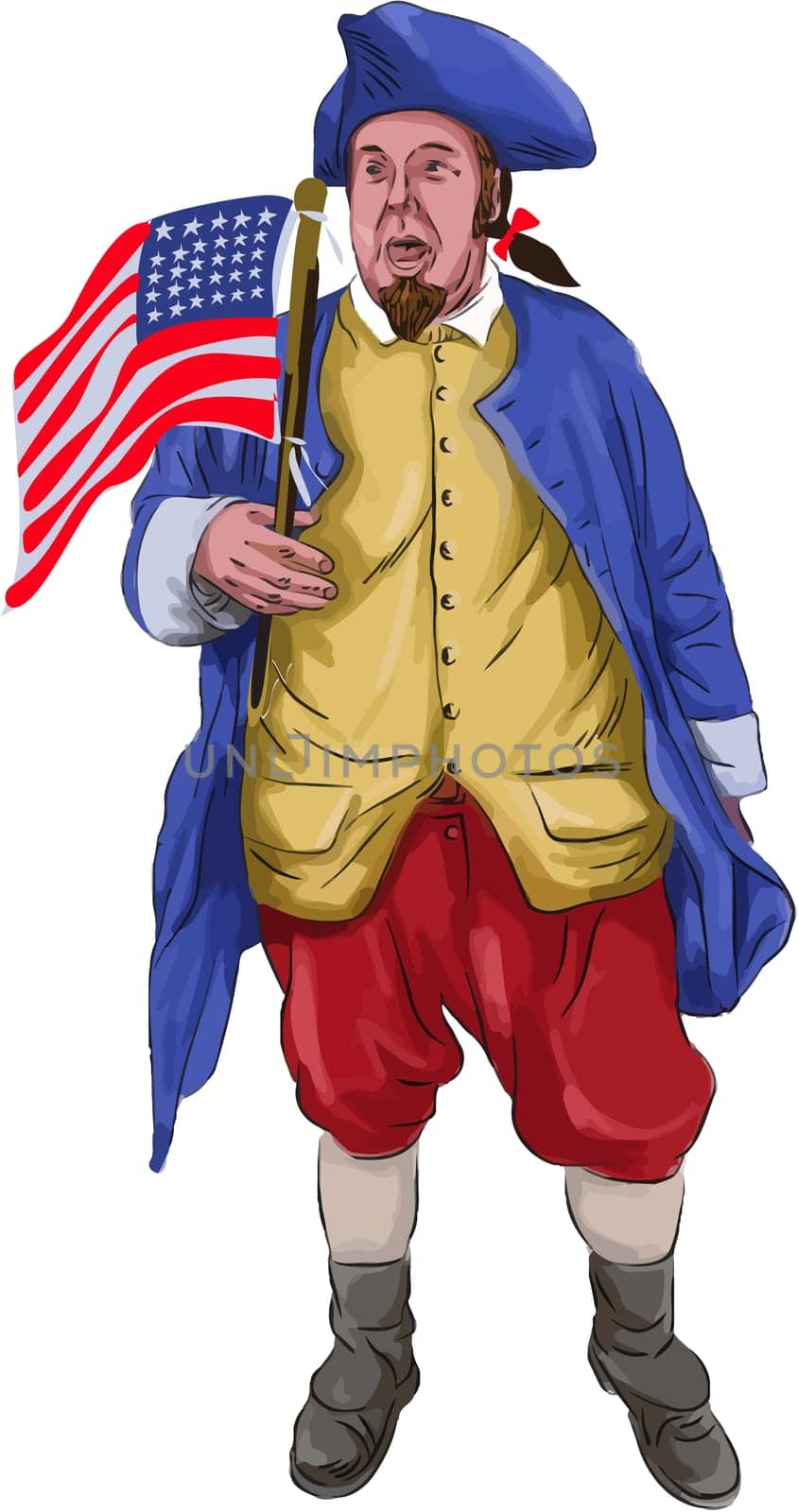Watercolor style illustration of an american patriot shouting holding usa flag viewed from front set on isolated white background.