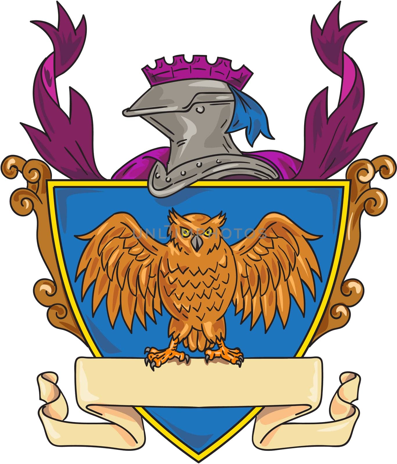 Drawing sketch style illustration of an owl facing front with spread wings set insiide shield crest with knight helmet on top of crest set.
