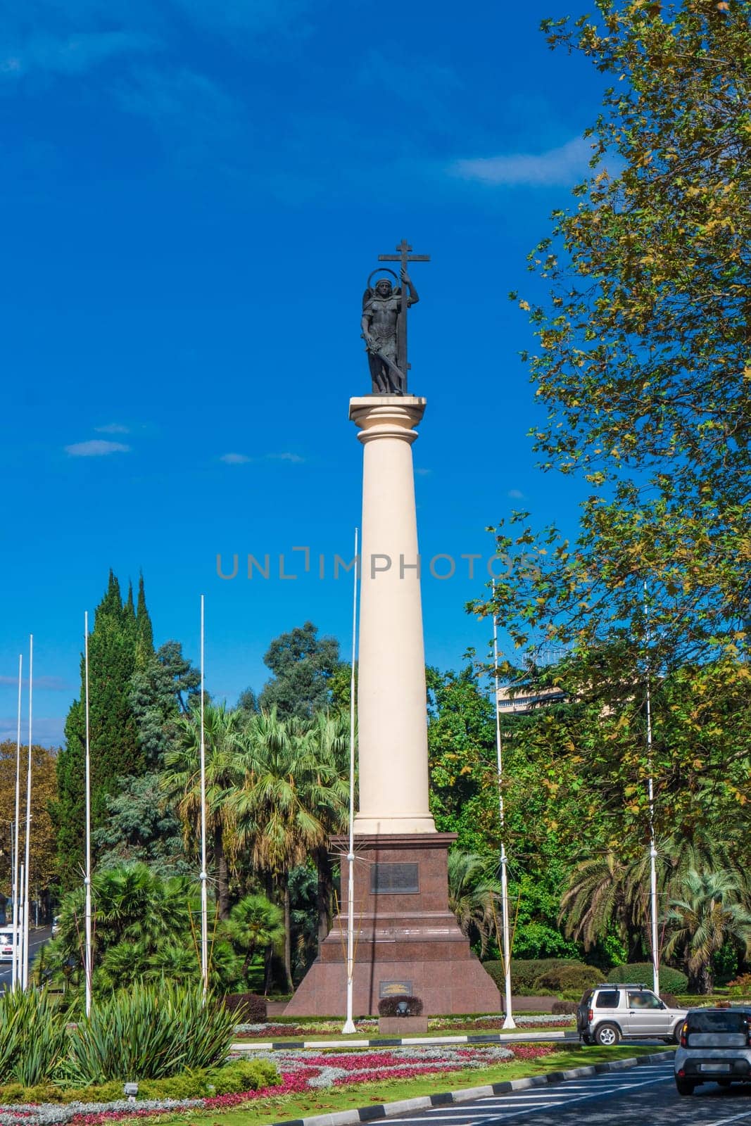 Sochi, Russia - September 29, 2016: Monumental column with a statue of the Archangel Michael