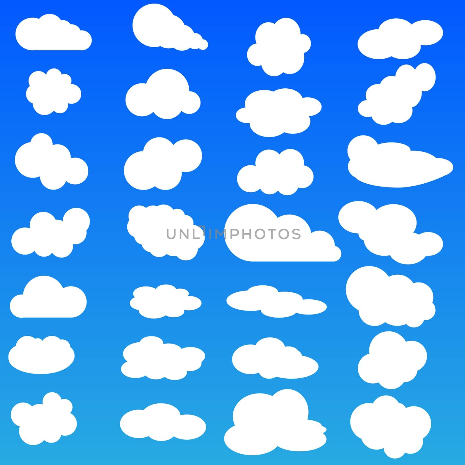 Cloud vector icon set white color on blue background. Sky flat illustration collection for web, art and app design. Different nature cloudscape weather symbols.
