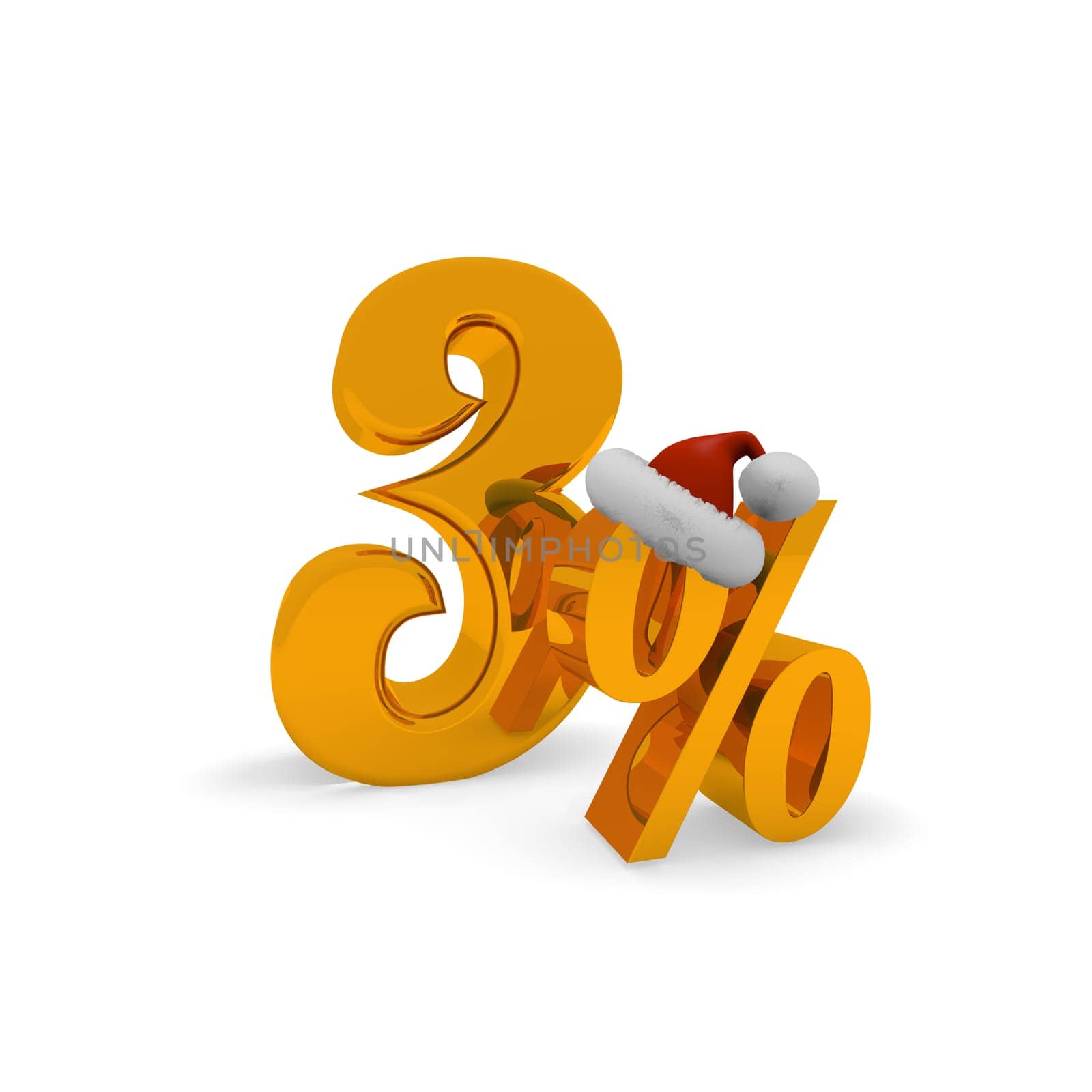 Three percent discount concept with hat of Santa, 3d rendering