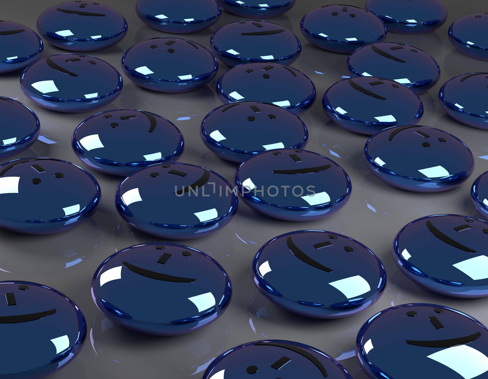 Many glossy blue buttons with a smiling face, happiness concept 3d rendering