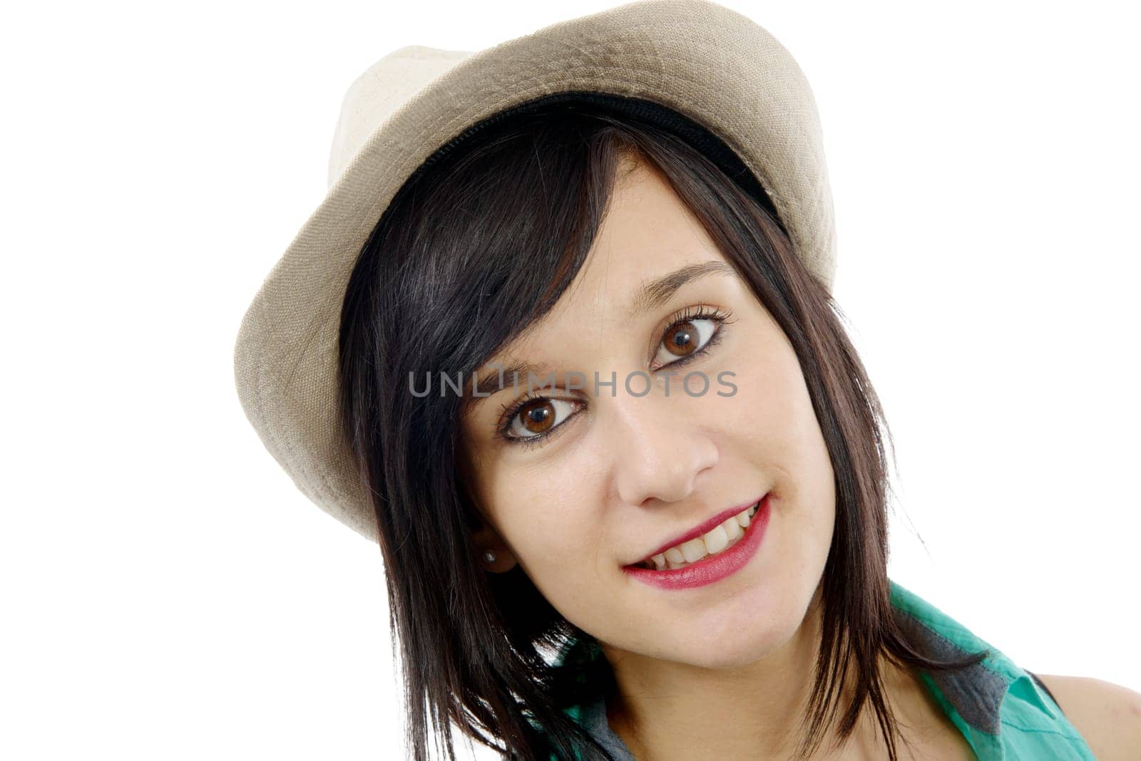 pretty young brunette woman with a summer hat