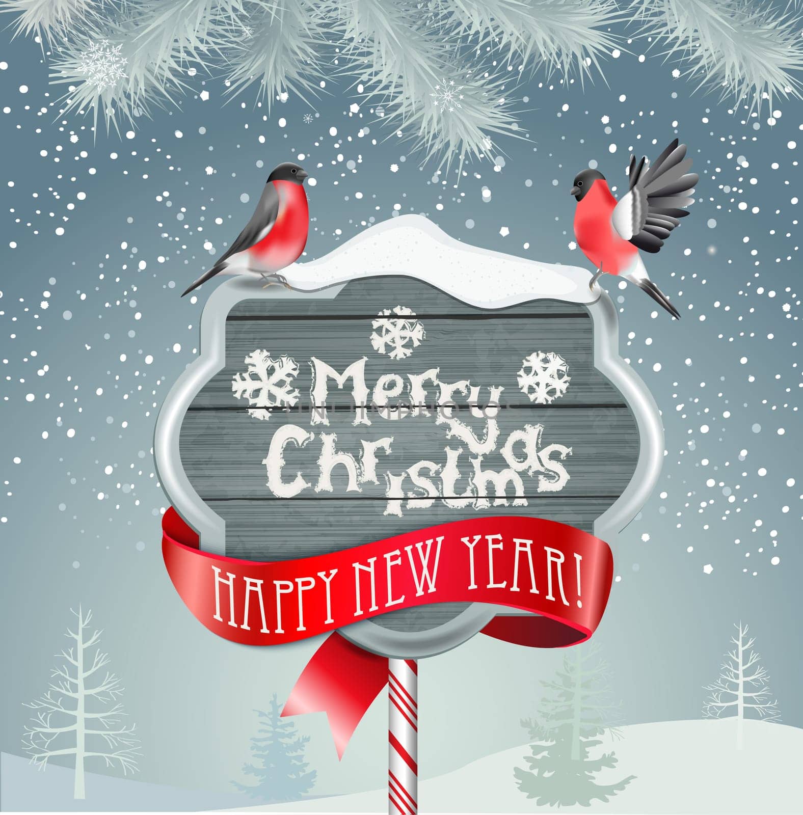 Merry Christmas Landscape with birds. Vector illustration.