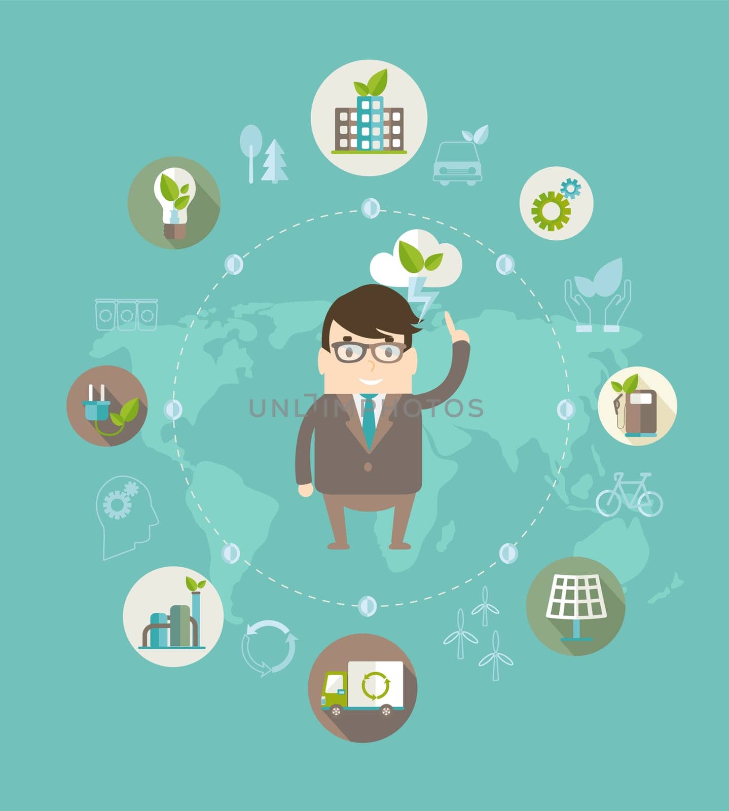 Eco concept. Globe with earth, nature, green, recycling, bicycle, car and home icon with scientists from eco ideas of saving the planet . Vector illustration.
