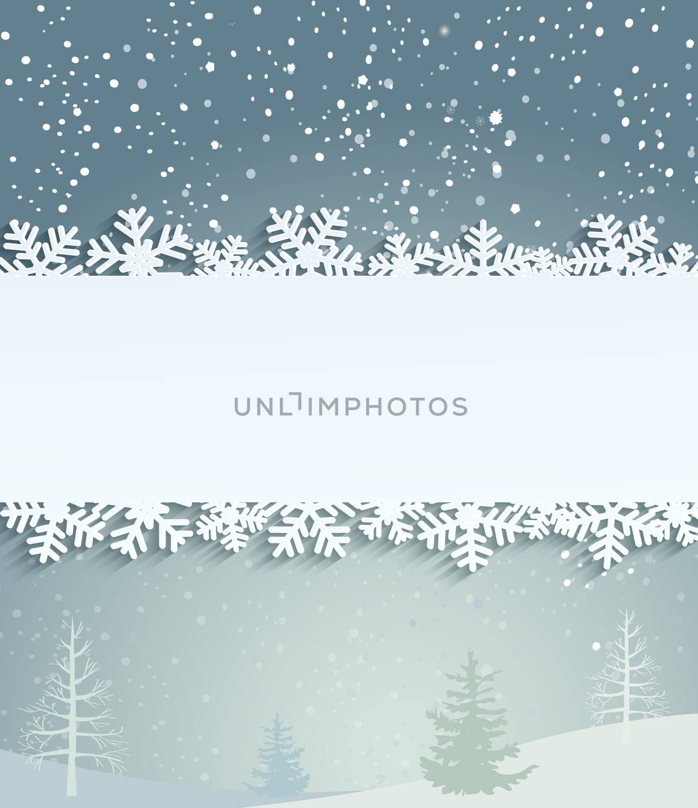 Christmas background with white snowflakes and frame with inscription