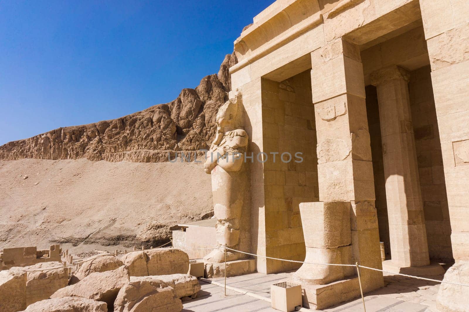 The temple of Hatshepsut near Luxor in Egypt.  Statues on facade of palace of Hatshepsut
