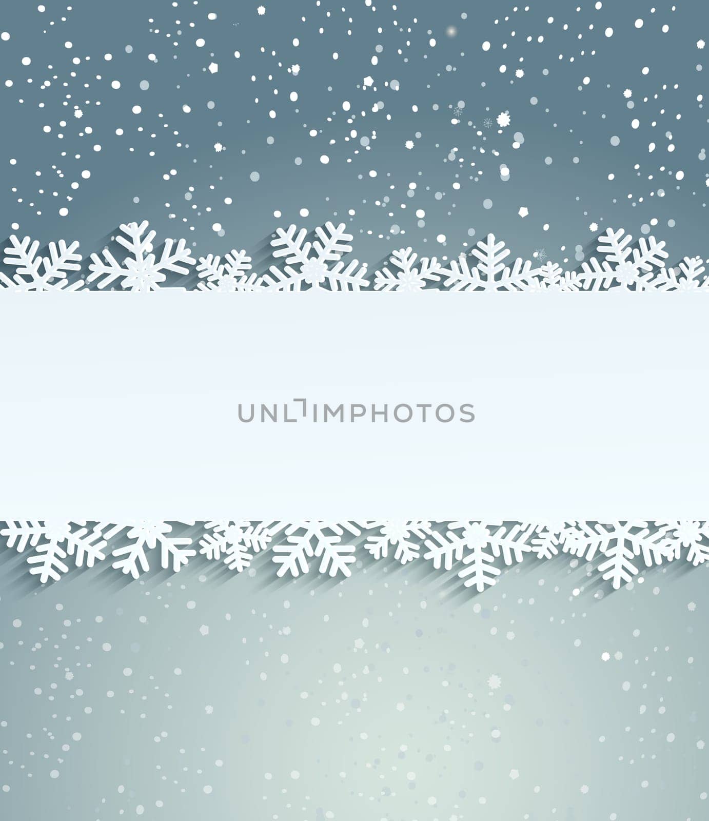 Christmas background with white snowflakes and frame with inscription. Vector.