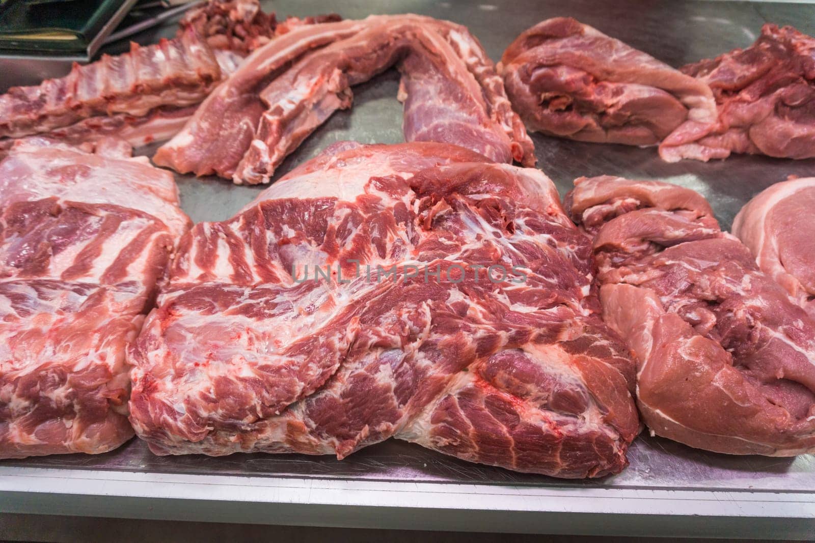various meat in a supermarket. meat in shop