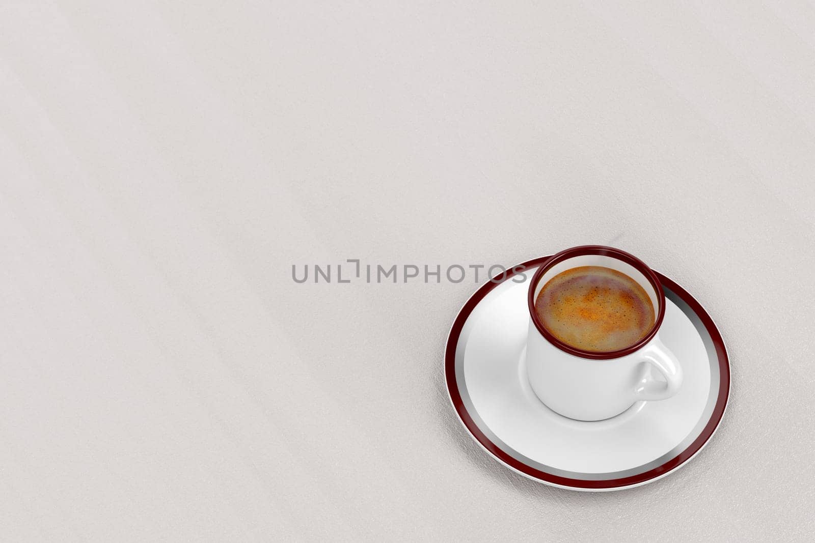 Hot espresso coffee on wooden table, top view