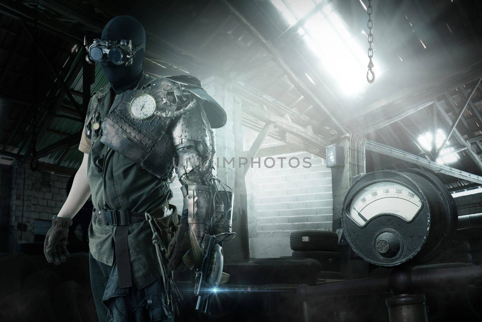 Futuristic soldier posing with gun and armor