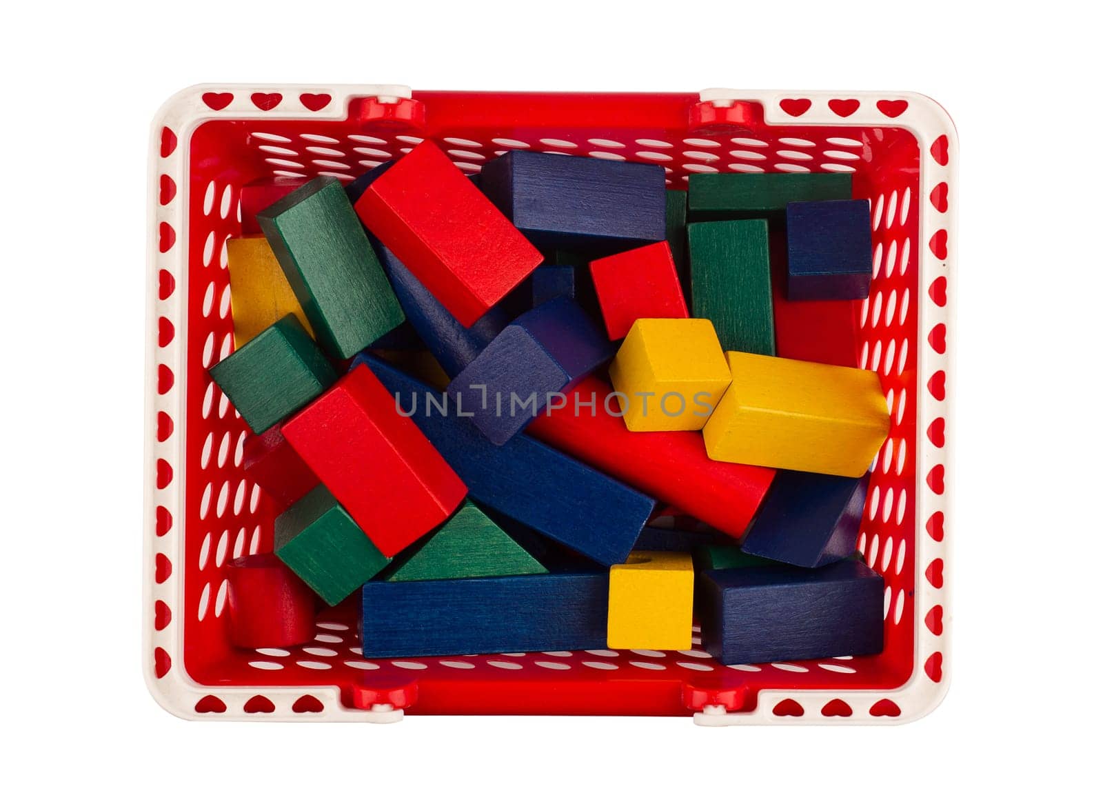 top view of red plastic shopping cart with colored wooden construction blocks isolated on white