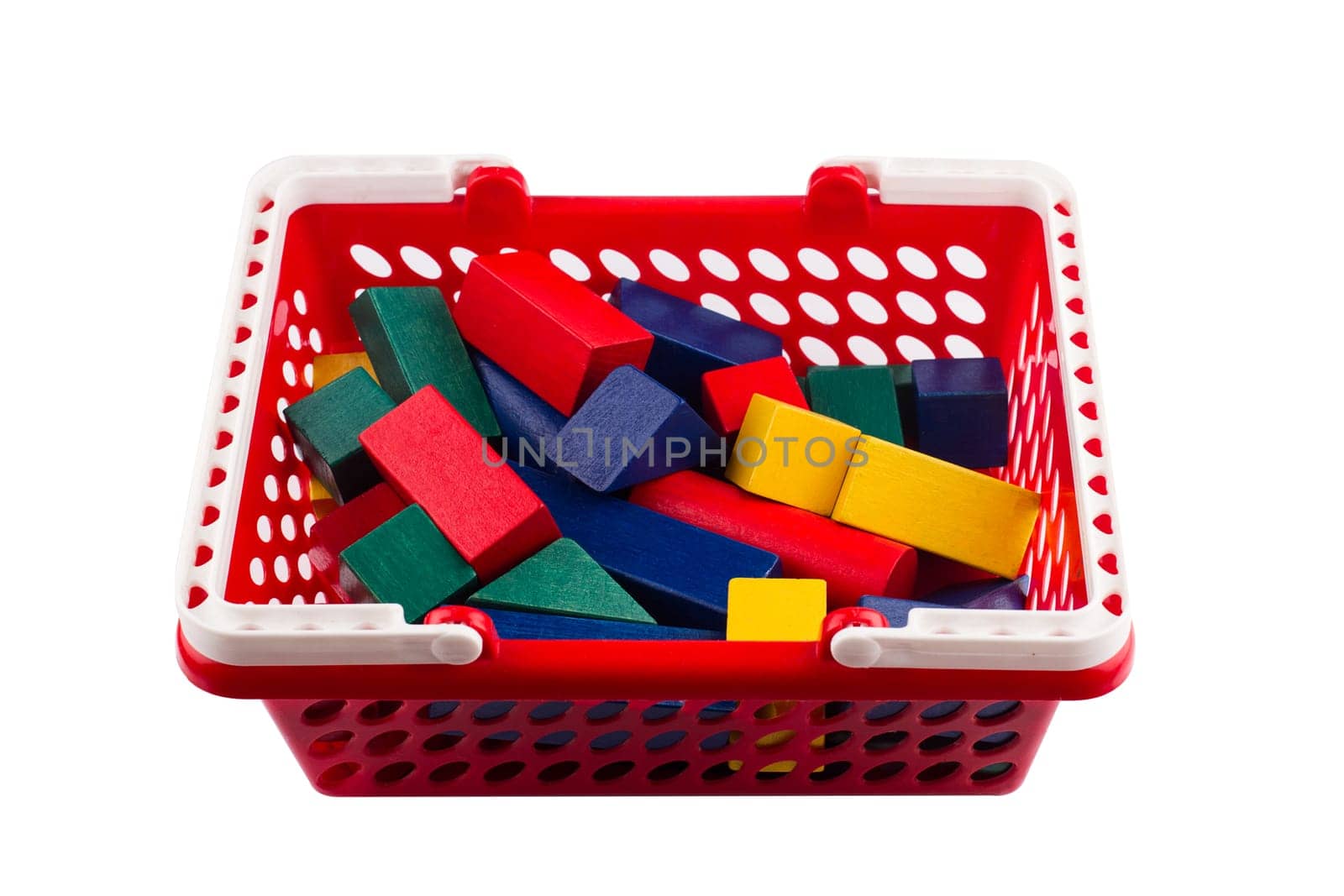 front view of red plastic shopping cart with colored wooden construction blocks isolated on white