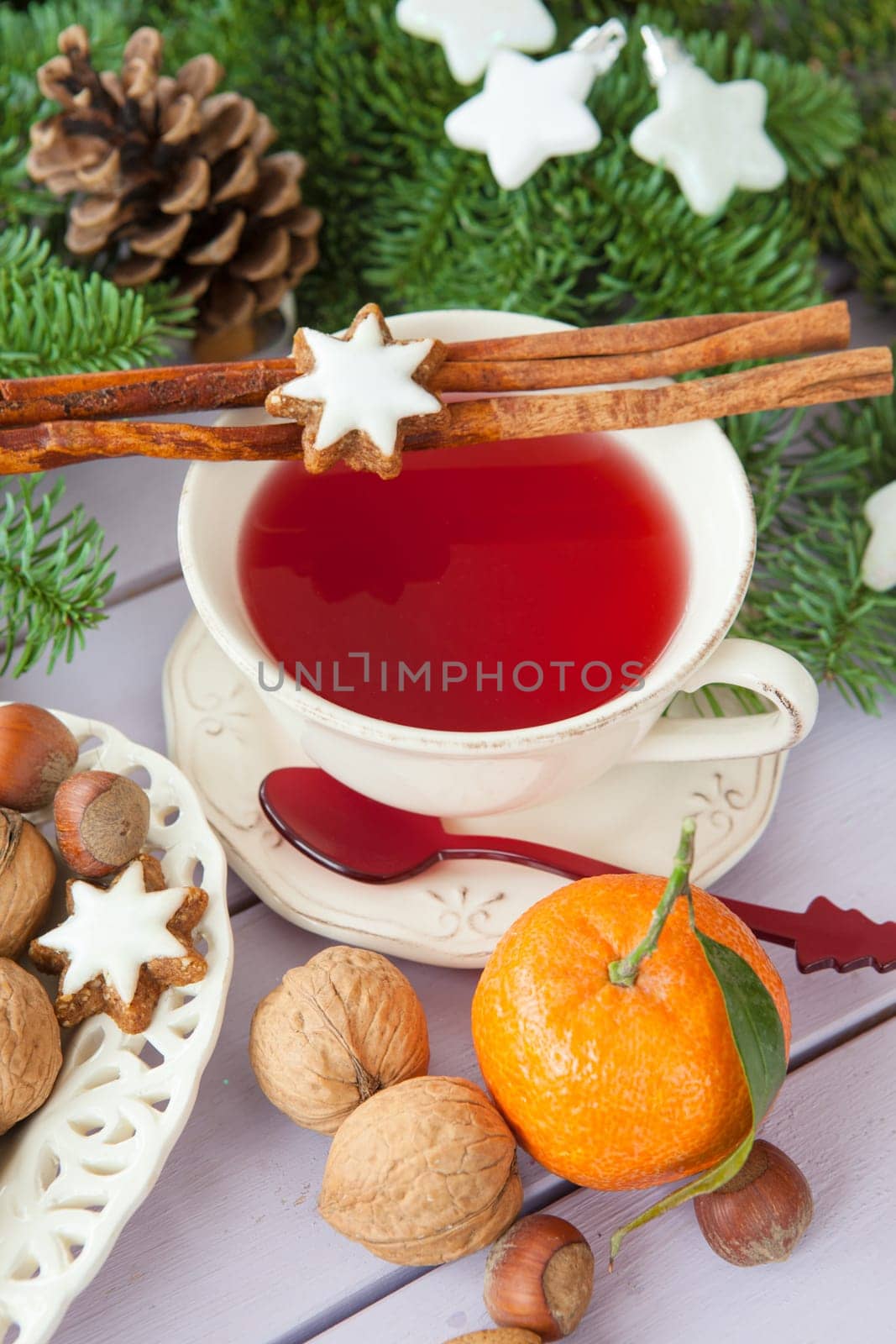 A cup of tea with cinnamon and places