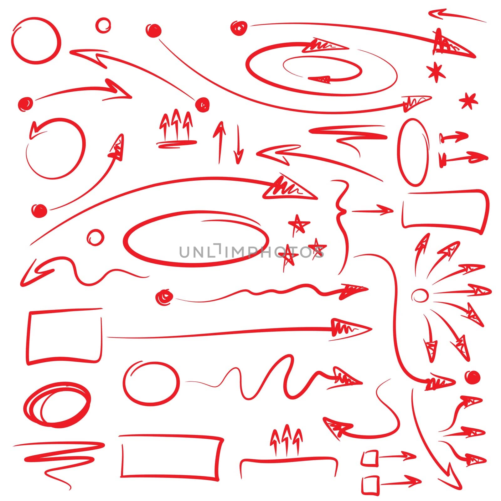 Set of hand drawn arrows and indication symbols for infographics presentation. In most arrows shaft and pointer are separate objects for easy editing..