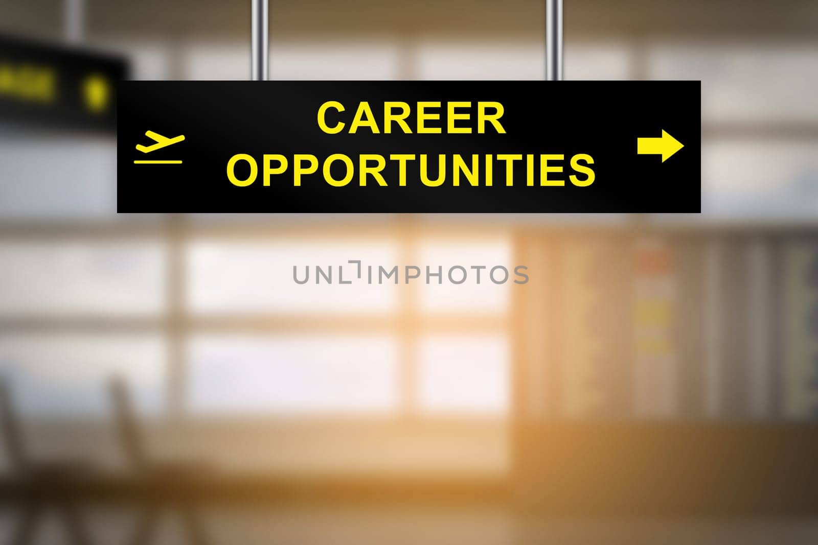 career opportunities on airport sign board with blurred background and copy space