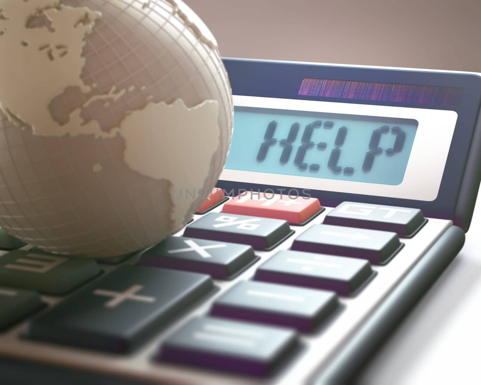 Calculator with the word HELP on the display, representing world financial crisis. 3D illustration, concept image of Global World Business and Finance.