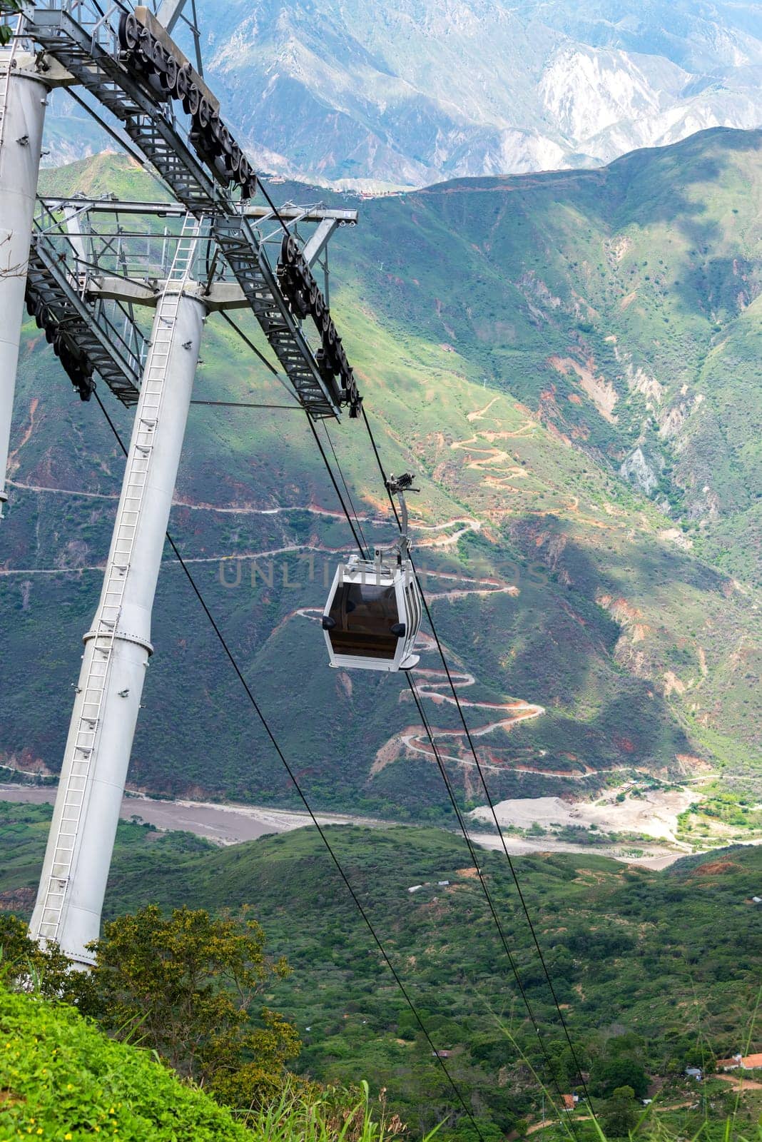 Vertical view of an aerial tram rising out of Chicamocha Canyon near Bucaramanga, Colombia