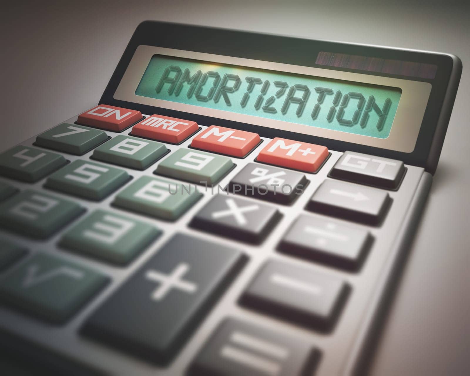 Solar calculator with the word AMORTIZATION on the display. 3D illustration, concept image of Business and Finance.