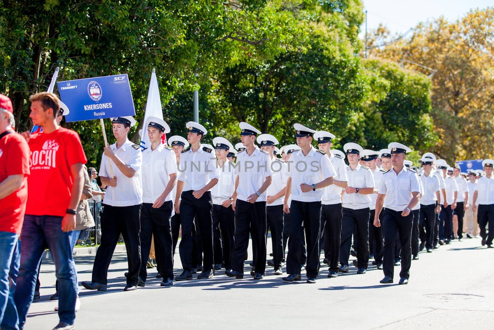 RUSSIA, SOCHI - SEPTEMBER 24, 2016 :SCF Black Sea Tall Ships Regatta 2016. Ship teams parade from sailing ships
