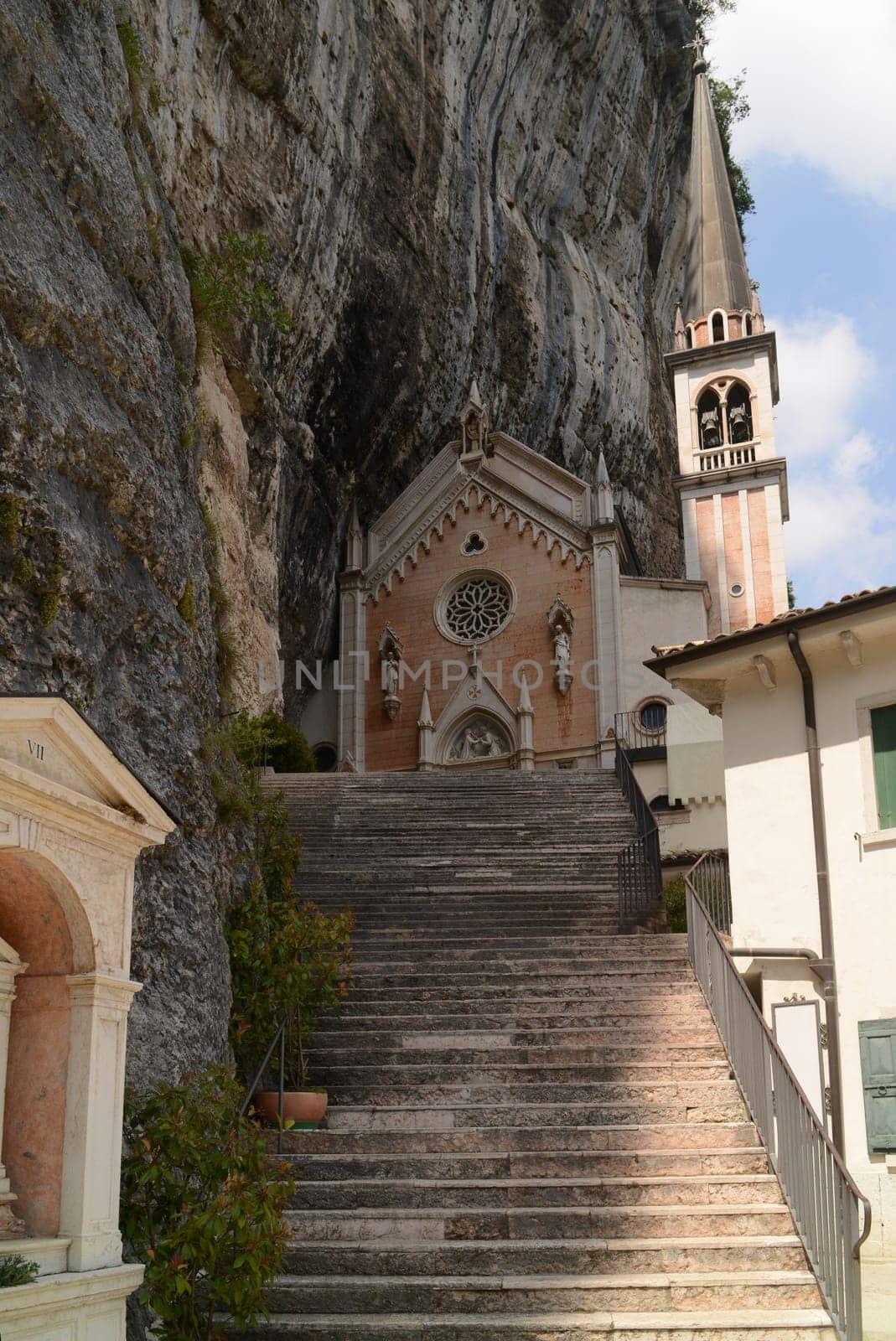 Santuario Madonna della Corona church in Ferrara di Monte Baldo, Verona, Italy..A place of silence and meditation, extended between heaven and earth, hidden in the heart of the Baldo rocks.