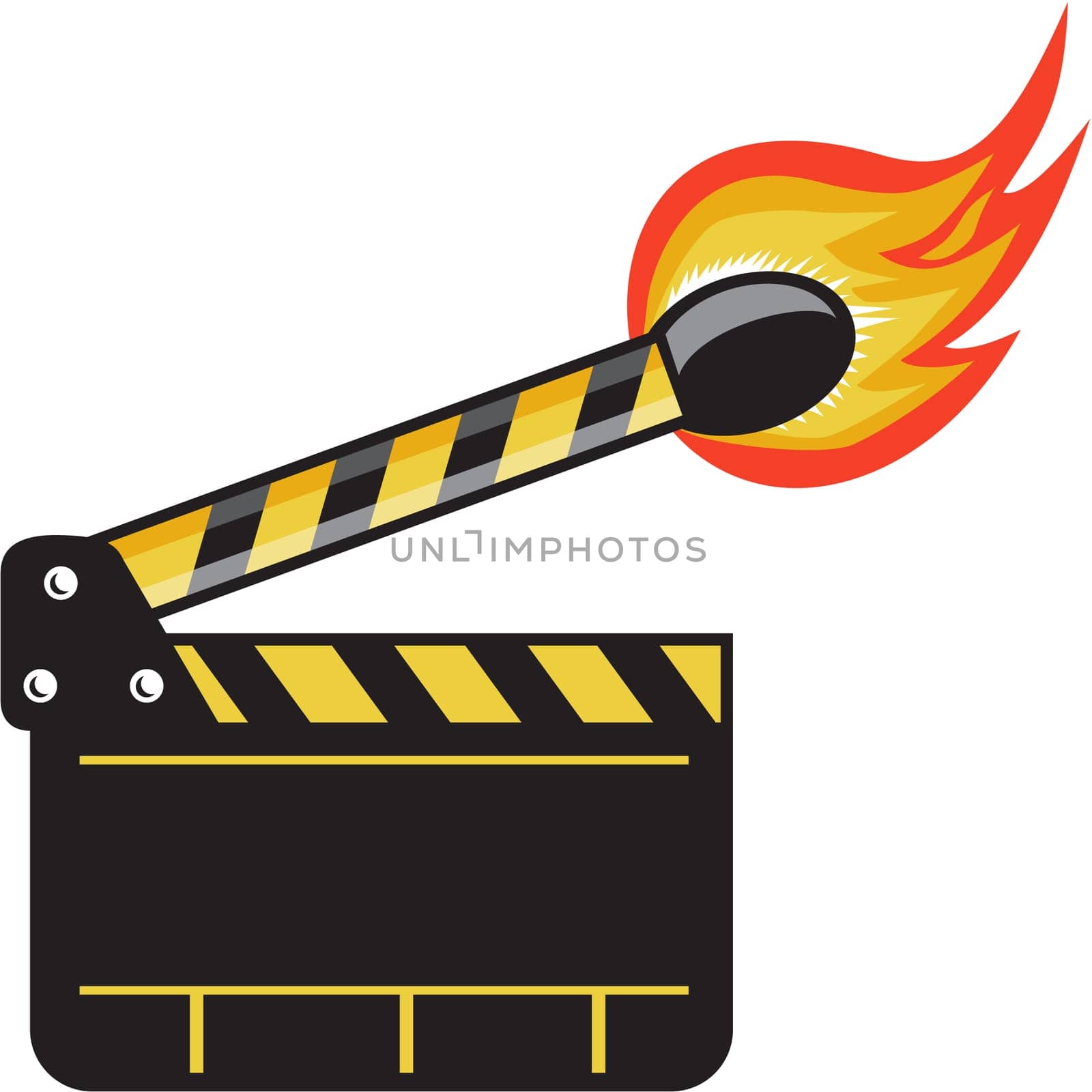 Illustration of a clapper board movie camera slate board match stick on fire set on isolated white background done in retro style.