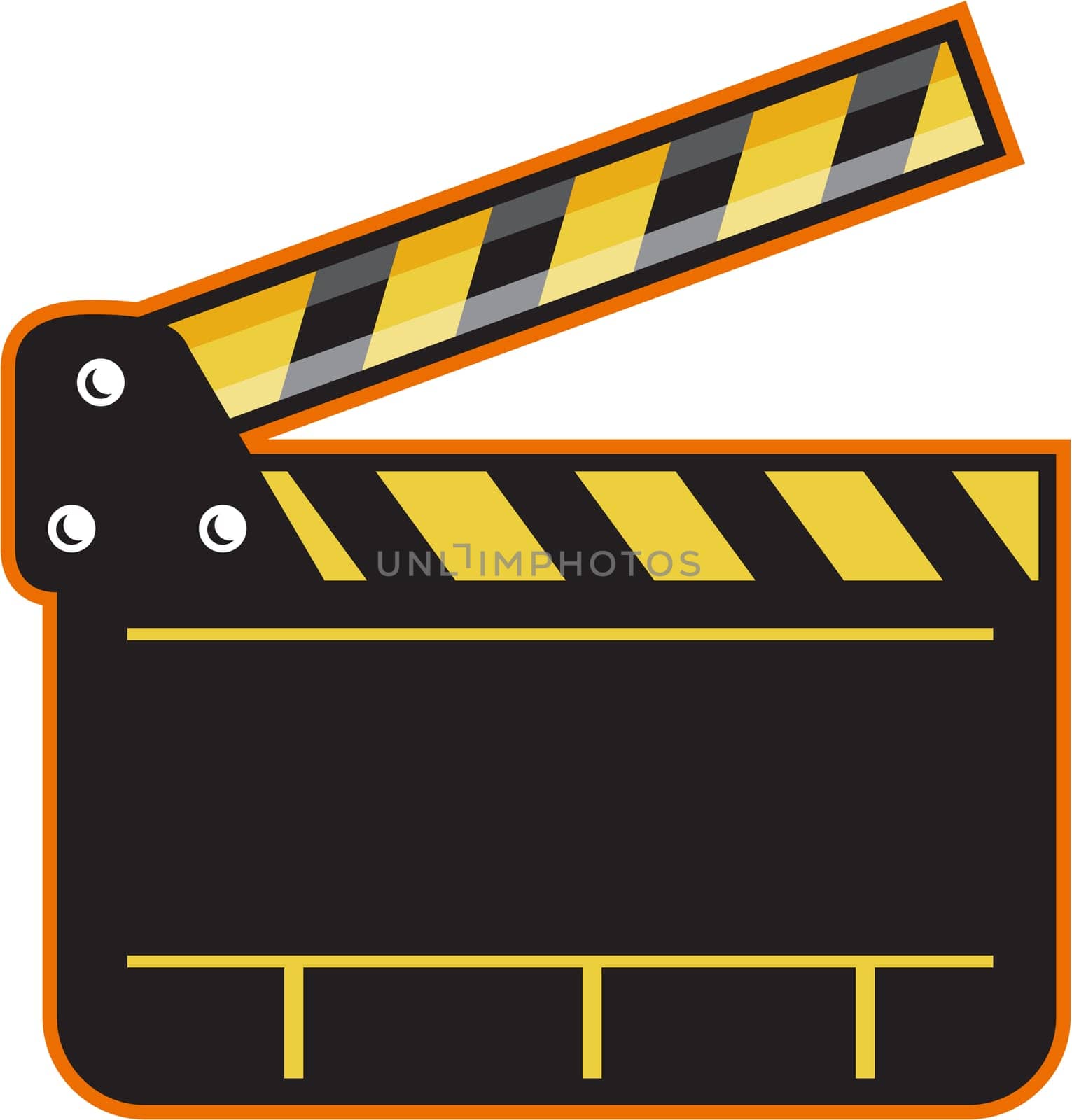 Illustration of an open movie camera slate clapper board viewed from front set on isolated white background done in retro style.