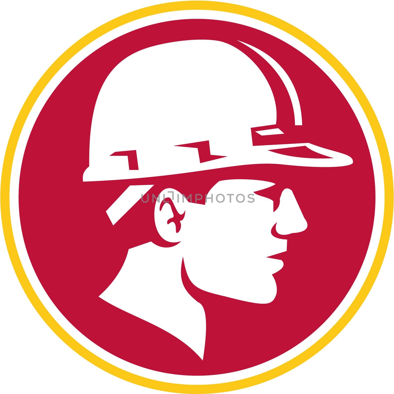Illustration of a builder construction worker head wearing hardhat viewed from the side set inside circle on isolated background done in retro style.