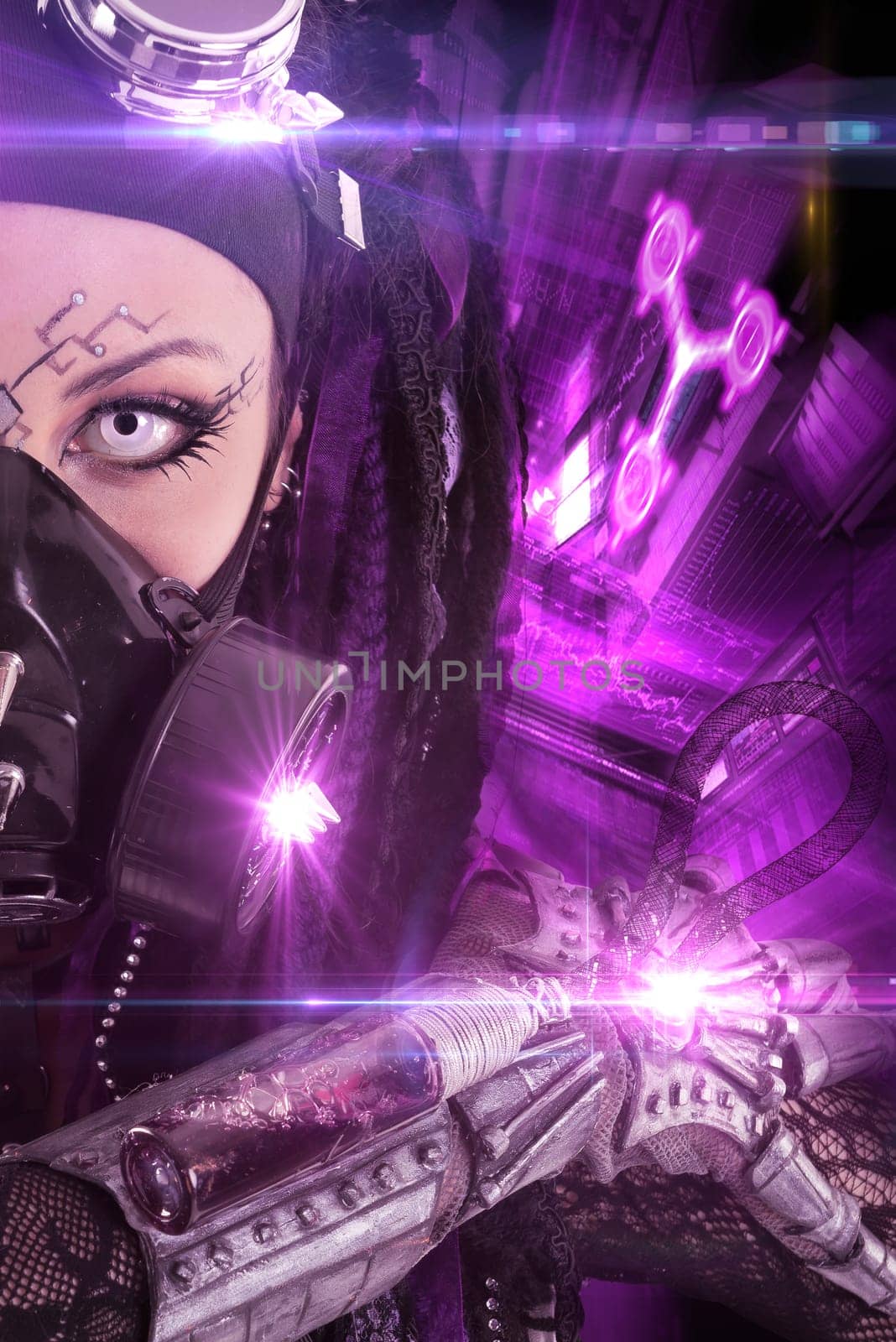 Cyber Gothic girl posing with a futuristic background