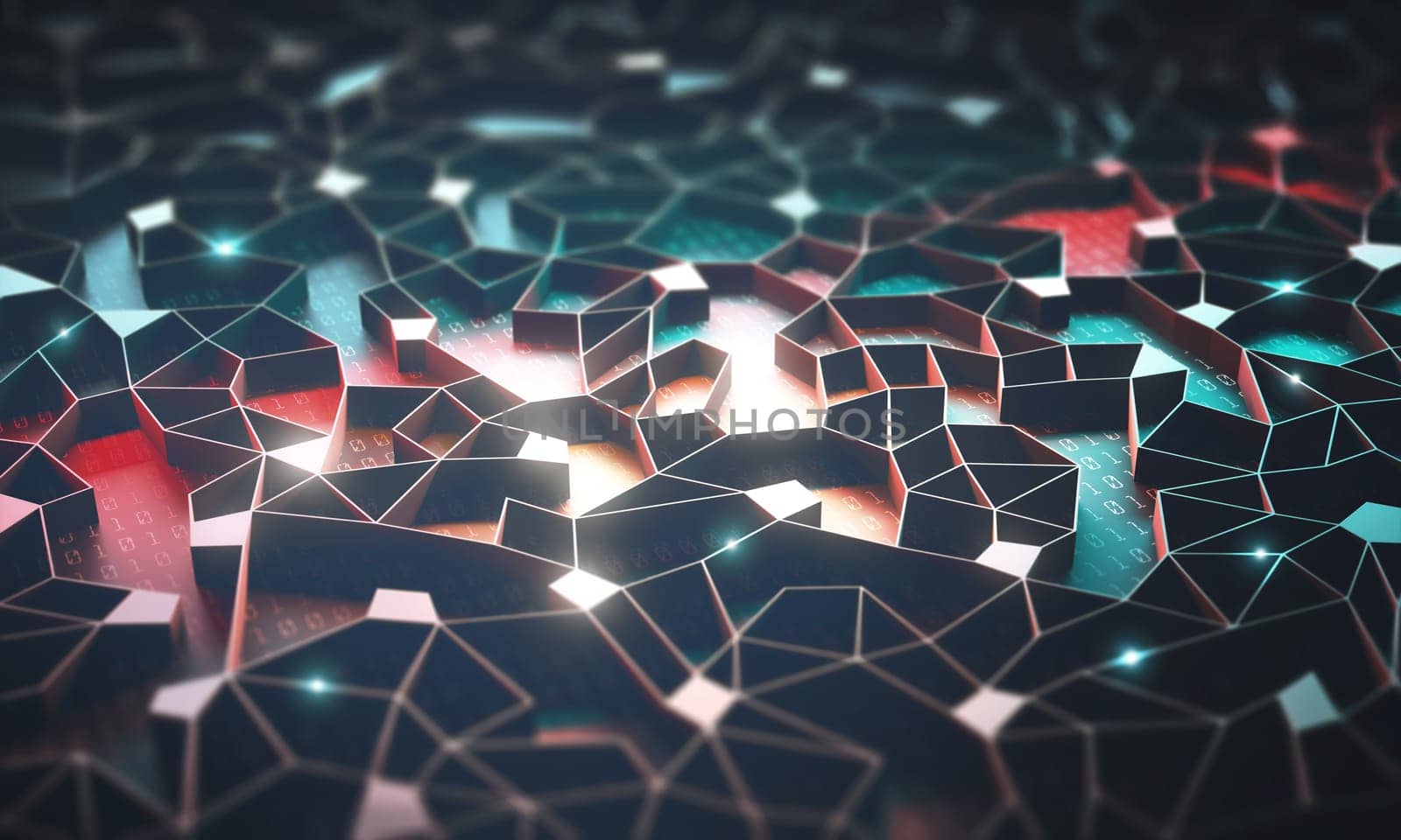 Artificial intelligence, connections and nucleus in concept of interconnected neurons. Abstract background with binary numbers, neural network and cloud computing.