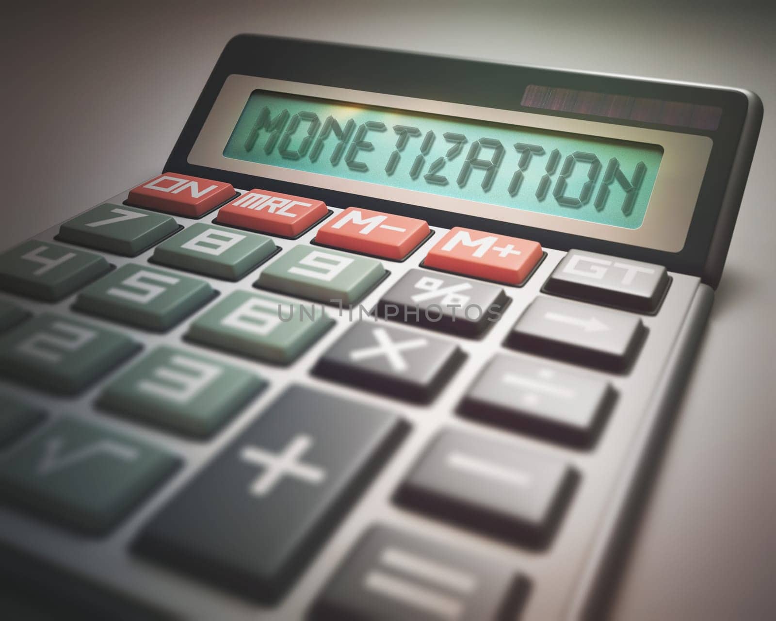 Solar calculator with the word MONETIZATION on the display. 3D illustration, concept image of Business and Finance.