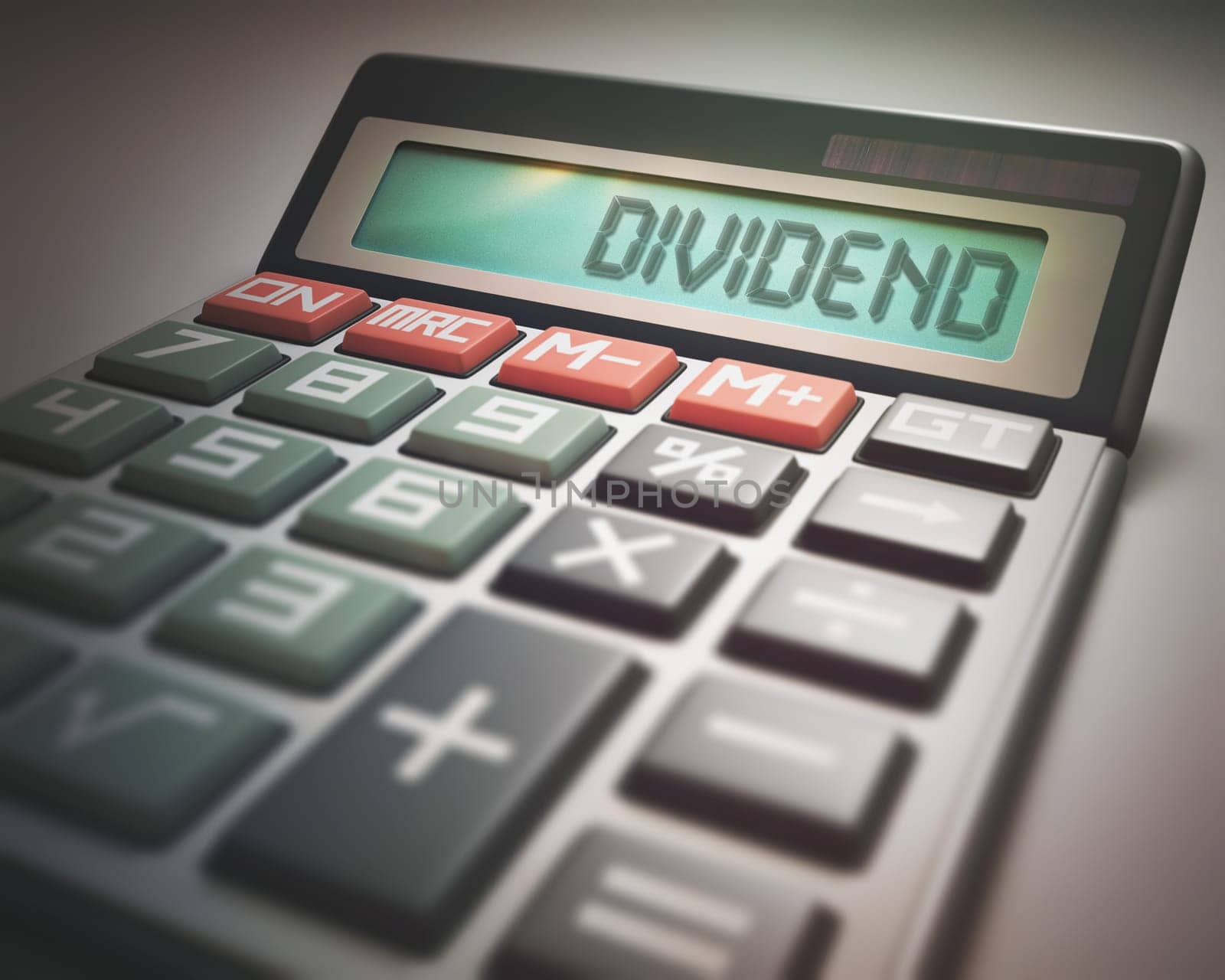 Solar calculator with the word DIVIDEND on the display. 3D illustration, concept image of Business and Finance.